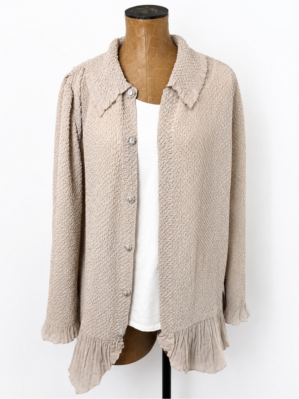 Bala Bala Textured Ruffle Button Front Blouse Top XL Beige